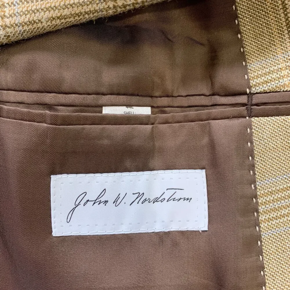 John W Nordstrom Blazer Men 44L Long Straw Beige Blue‎ Plaid Wool Silk Blend